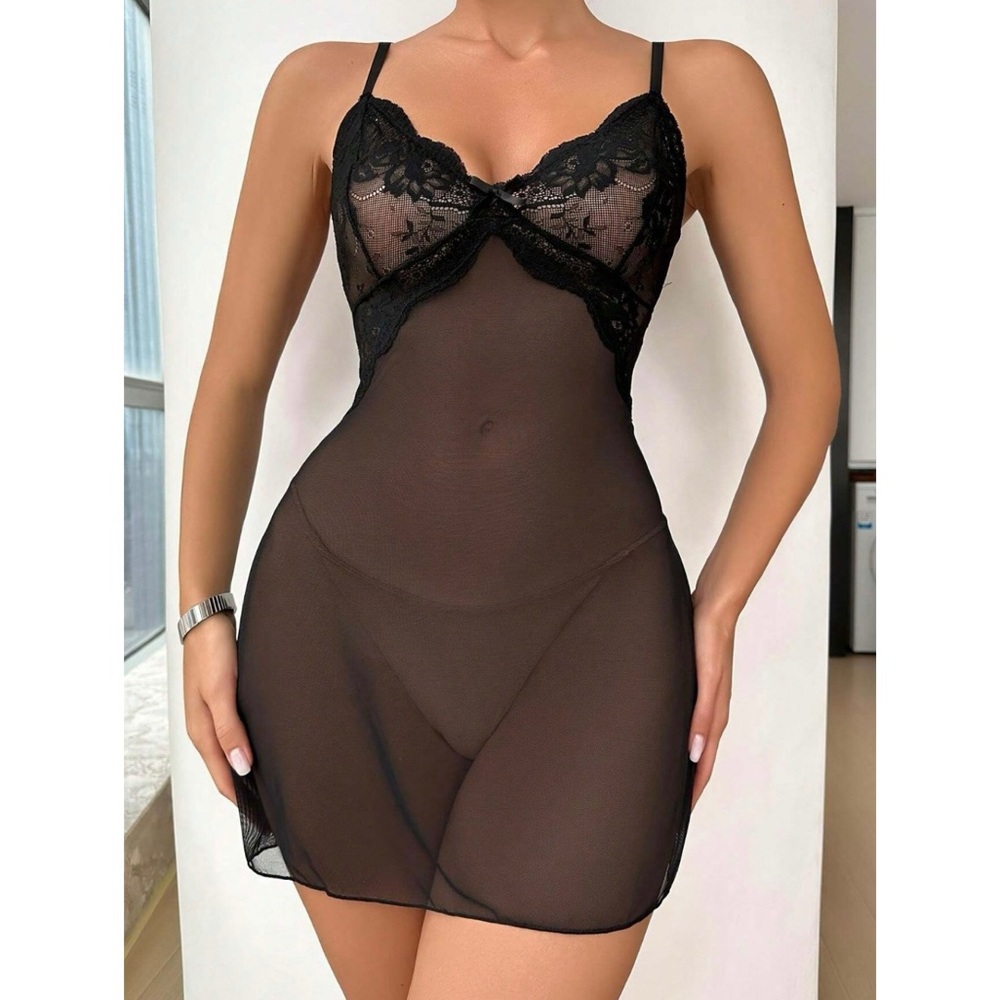 Sexy sheer lace mesh lingerie slip dress